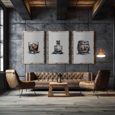 a living room filled with furniture and two paintings on the wall above each couches