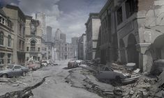 an old city street with cars and rubble