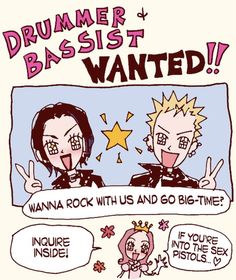 a comic strip with an image of two people talking to each other and the caption says, drummer bassist wanted