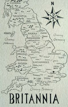 an old map with the names of britain in black ink on white paper, and a compass above it