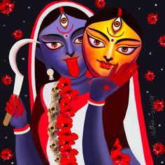 an artistic painting of two women with red flowers