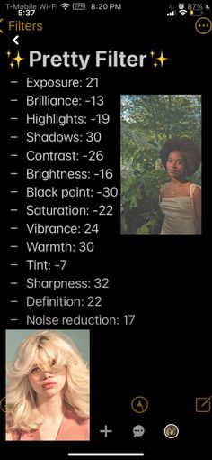 a cell phone with an image of a woman in the background and text that reads pretty filter