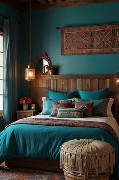 a bed in a room with blue walls and wooden headboard, pillows and blankets