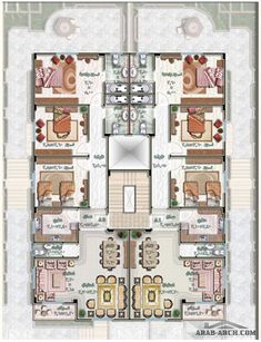 the floor plan for an apartment building with two floors and three levels, in different colors