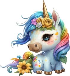 a cartoon unicorn with flowers on its head sitting next to sunflowers and holding a flower