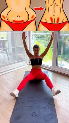 a woman in red pants and black top doing exercises on a yoga mat with her hands up