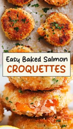 crab cakes stacked on top of each other with the words easy baked salmon croquettes