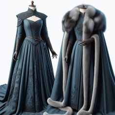 Winter Medieval Dress, House Stark Fashion, House Arryn Dress, Velaryon Outfits, House Of The Dragon Outfit Ideas, Winter Fantasy Dress, Fantasy Winter Outfits, Winterfell Fashion, Game Of Thrones Clothes