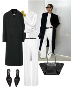 • white blouse
• white straight leg trousers
• long black coat
• black skinny belt
• black kitten heels
• black leather handbag Coat With Belt Outfit, Daily Winter Outfits, Black Coat Outfit, Dree Hemingway, Belt Outfit, Chic Fits, Fits Inspiration, Luxury Old Money