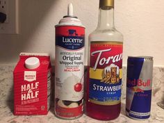 the ingredients to make an ice cream sundae are displayed on a marble countertop