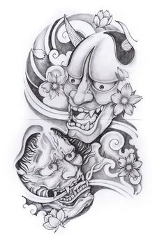 a tattoo design with two faces and flowers on the side, one in black and white