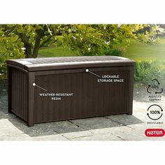 an outdoor storage box with instructions on how to put it in the garden or yard