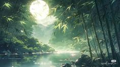 an image of a forest scene with bamboo trees and the moon in the sky above