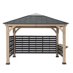 a wooden gazebo with metal roof and black shinning on the sides, against a white background