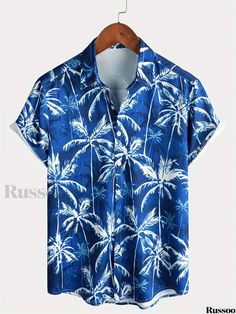 Russoo - Summer Casual Aloha Shirts: Button-Up Short Sleeve Beach Shirts with Palm Tree Design Short Sleeve Shirt With Buttons For Beach Season, Printed Blue Shirt For Summer, Blue Printed Shirt For Summer, Vacation Beach Season Shirt With Buttons, Summer Hawaiian Shirt In Blue With Prints, Summer Blue Hawaiian Shirt With Prints, Summer Hawaiian Printed Button-up Shirt, Blue Floral Print Hawaiian Shirt For Beach, Beach Season Printed Button-up Shirt