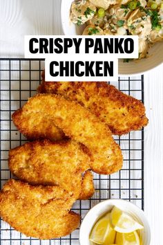 crispy panko chicken on a wire rack next to a bowl of coleslaw