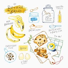 the ingredients for banana bread are shown in this drawing