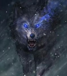 a wolf with its mouth open and glowing blue eyes is in the snow, while it's snarling