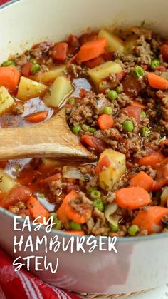 a pot filled with meat and vegetables on top of a red cloth next to a wooden spoon