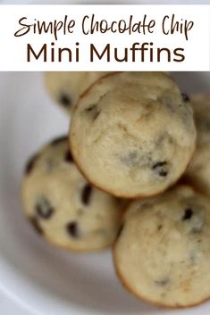 chocolate chip mini muffins stacked on top of each other in a white bowl