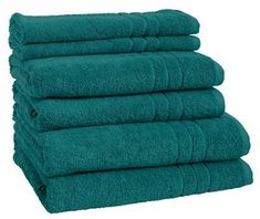 six towels stacked on top of each other in different colors and sizes, one is green