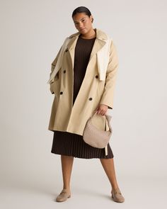 Rain or shine, our Comfort Stretch Trench Coat is your new wardrobe staple. Fashion meets function with the notch lapels, adjustable self-belt, and center-back vent. Plus, the water-resistant finish and lightweight lining make it the perfect transitional layer. It's a timeless piece you'll wear year after year. Prefer a different length? Check out our short and long versions.  | Quince | Women's Comfort Stretch Trench Coat in Light Khaki, Size Large, Organic Cotton Spring Workwear Outerwear With Double Button Closure, Chic Neutral Outerwear For Business, Single Breasted Tailored Outerwear For Day Out, Classic Single Breasted Outerwear For Day Out, Tailored Single Breasted Outerwear For Day Out, Tailored Single-breasted Outerwear For Day Out, Neutral Belted Outerwear For Work, Chic Outerwear With Double Button For Business Casual, Light Trench Coat