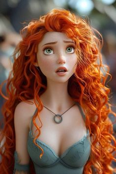 a close up of a doll with long red hair and green bra top, looking at the camera