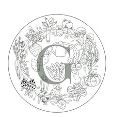 the letter g is surrounded by plants and other things that are drawn in black ink