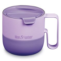 a purple cup with a handle is shown on a white background and has the words meann & kanteen written on it