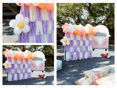 a pink and white vw bus decorated with balloons