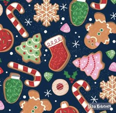 christmas cookies and candy canes on a dark blue background with snowflakes, stars, and candies