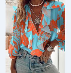 Fun Tops, Ruffle Hem Blouse, Plants Print, Ruffle Shirt, Blouse Material, Flounce Sleeve, Hem Top, Plus Size Kleidung, Women Shirts Blouse