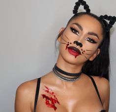 Holloween Makeup Cat, Scary Cat Halloween Makeup, Scary Cat Makeup, Easy Cat Makeup Halloween, Purim Makeup, Fete Emo, Diy Fantasia