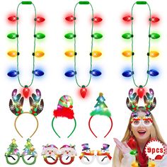 PRICES MAY VARY. Charming and Festive Design: Dive into the holiday spirit with Blowata LED Christmas headband, necklace, and glasses set. Featuring classic motifs like reindeer, trees, and elf hats on headbands, unique 3D bulbs on necklaces, and Santa, tree, and snowman designs on glasses. Universal Fit for Everyone: This set includes 3 Christmas headbands, 3 bulb necklaces measuring 37.7 inches in circumference, and 3 pairs of Christmas-themed glasses. Each item is designed to comfortably fit Christmas Headband With Lights, Led Christmas Headband, Christmas Light Necklace, Antler Tree, Christmas Necklaces, Elf Hats, Christmas Headbands, Holiday Headbands, Santa Tree