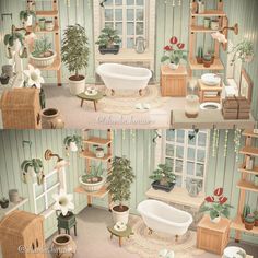 the bathroom is decorated in pastel colors and has plants on the windowsills