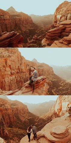 two people standing on top of a rock formation