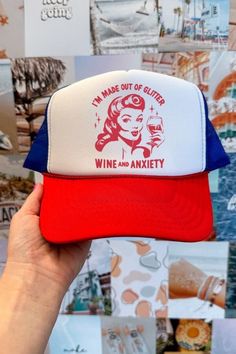 Wine, Glitter, and Anxiety Trucker Hat is the perfect hat for all occasions!  So cute for girls trips or just to wear at the pool Adjustable Snap Back Foam Trucker Summer Trucker Hat, Cute Trucker Hat, Womens Trucker Hat, Funny Trucker Hat, Girls Trips, Glitter Wine, Hat Summer, Silver Jewelry Fashion, Fashion Graphic