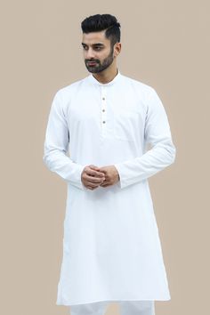 BLUESAANCHI MEN'S WHITE MATKA SILK KURTA SET   Elevate your ethnic wardrobe with the BLUESAANCHI Men's White Matka Silk Kurta Set. This exquisite ensemble features a classic kurta designed for comfort and style, making it perfect for festive occasions and gatherings. Crafted from premium Matka silk, this kurta set ensures a luxurious feel and elegant drape.  Features  Elegant white color for a timeless look.  Matka silk fabric for a luxurious feel.  Comfortable and breathable design.  Perfect fo White Casual Kurta For Eid, Casual White Kurta For Eid, White Kurta With Traditional Patterns For Eid, Casual Traditional Wear For Eid, White Long Sleeve Kurta With Traditional Patterns, Traditional White Kurta With Dabka, White Kurta With Dabka Embroidery In Traditional Fit, White Casual Kurta For Diwali, Transitional White Kurta For Puja