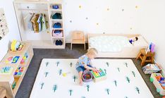 a little boy sitting on top of a white rug in a child's room