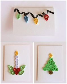 three pictures with buttons and pins on them, one is made to look like a christmas tree