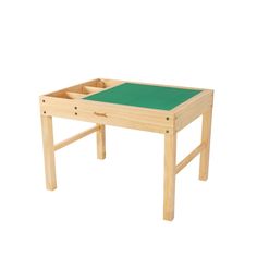 a wooden table with a green top and two drawers on the bottom, in front of a white background