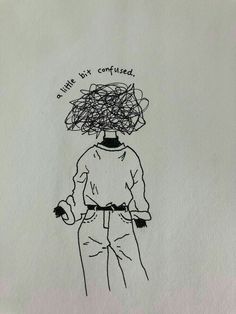 a drawing of a person with a bunch of hair on their head and words above them