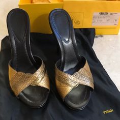 Fendi Gold/Bronze Wooden Heel Sandal Made In Italy. See Closet For Matching Bag. Feel Free To Ask Any Questions. They Are A Size 38, But Fit Me Perfectly, I'm A 37.5 (7.5). Fendi Shoes, Wooden Heel, Heel Sandal, Women's Shoes Sandals, Sandals Heels, Shoes Sandals, Fendi, In Italy, Feel Free