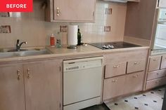 an empty kitchen with white appliances and wooden cupboards on the counter top, before and after remodeling