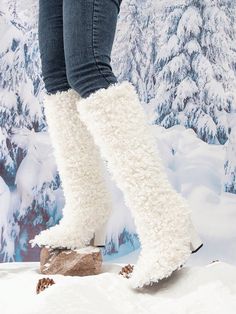 Stay cozy and stylish this winter with our Winter Wonderland Knee-high Boots. These boots feature a warm and soft lining, perfect for cold weather. The back zipper makes them easy to slip on and off, while the knee-high design provides extra coverage. Bring a touch of elegance to your winter wardrobe with these white boots. Color : White Closure Type : Back Zipper Insole Material : Fabric Lining Material : Polyester Outsole Material : PVC Upper Material : Faux Fur Size US Ball Girth Foot Length Long Sleeve Backless Dress, Glamorous Christmas, Chunky Heeled Boots, Floral Boots, Open Toe High Heels, High Design, Boot Print, Higher Design, White Boots