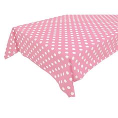 a pink polka dot tablecloth with white dots on the top and bottom, sitting in front of a white background