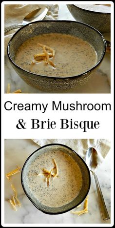 creamy mushroom and brie biscuit soup in a bowl