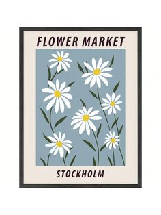 a flower market poster with white daisies in blue and yellow on a light blue background