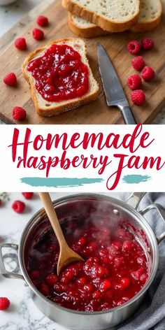 homemade raspberry jam in a pot with bread and berries on the side for garnish