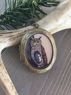 Owl Locket - bird necklace jewelry with owl art pendant Handmade Victorian Locket Necklace For Memorial, Handmade Antique Adjustable Locket Necklace, Handmade Adjustable Antique Locket Necklace, Vintage Hand Painted Necklace As Gift, Collectible Handmade Bronze Locket Necklace, Vintage Hand Painted Necklaces For Gift, Hand Painted Vintage Necklace As Gift, Hand Painted Vintage Necklace For Gift, Victorian Handmade Keepsake Necklace